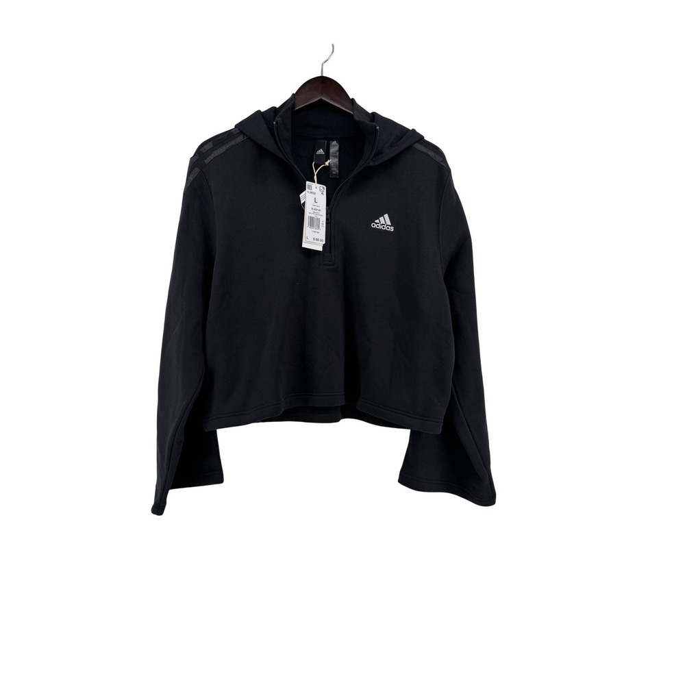 Adidas Womens W AOP HD Black Cropped Quarter Zip Hoodie Camo Stripes Large NEW